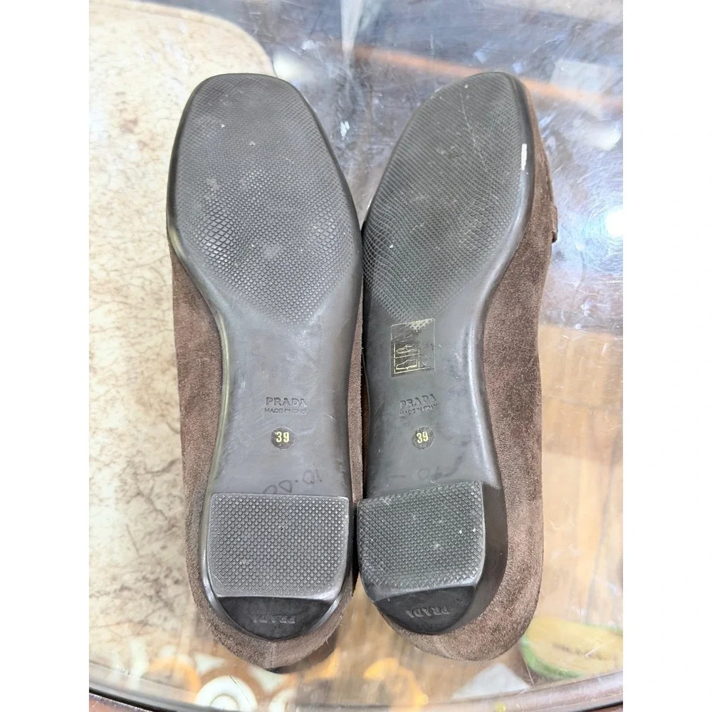 Prada Brown Suede Buckle Loafers Square Toe Flats Made in Italy Size 39 EU